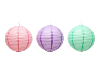 Isolated, pink lavender and green paper lanterns hanging down, festive decorations, party decor