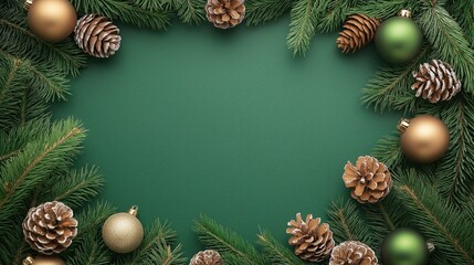 Green background with pine branches and Christmas ornaments creating elegant frame for text in center with gold accents and ample copy space
