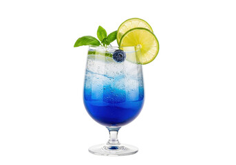 Isolated blue cocktail with lime and basil, summer refreshment on bright backdrop