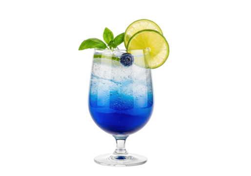 Isolated blue cocktail with lime and basil, summer refreshment on bright backdrop