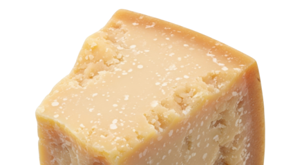 Isolated chunk of aged Parmesan cheese, a hard, granular, rich Italian dairy product block