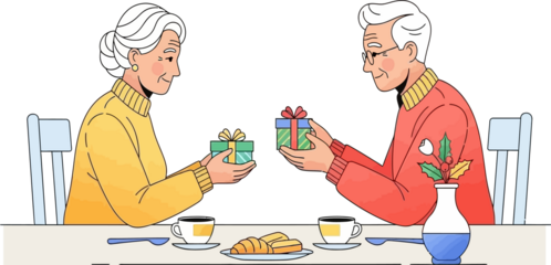 Elderly Couple Exchanging Holiday Gifts During Festive Breakfast