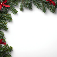 Christmas Pine Branch Frame with Red Berries on White Background