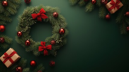 Christmas wreath with red gift boxes and decorations on dark green background as banner mockup design template for advertising or sale promotion
