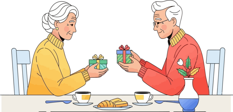 Elderly Couple Exchanging Holiday Gifts During Festive Breakfast - Powered by Adobe