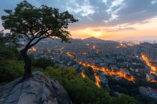 Urban horizon with city lights glowing at twilight