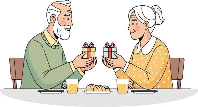 Happy Senior Couple Exchanging Gifts at a Table