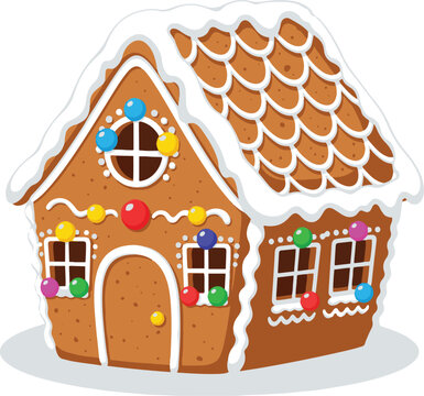 A festive flat vector illustration of a Christmas gingerbread house decorated with white icing snow and colorful gumdrop candies,