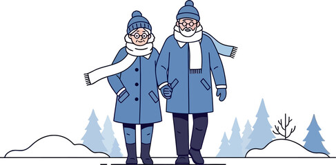 Senior Couple Walking Hand in Hand in Winter Landscape with Snow and Pine Trees