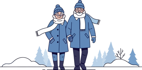 Senior Couple Walking Hand in Hand in Winter Landscape with Snow and Pine Trees