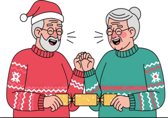 Elderly Couple Pulling Christmas Cracker in Festive Sweaters