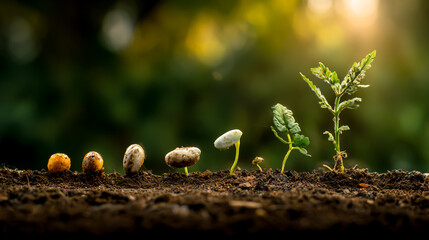 A photograph depicting the growth cycle of a seedling