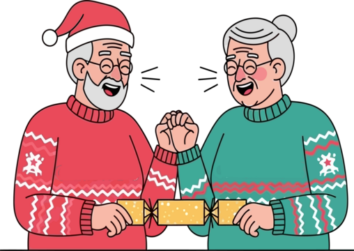 Elderly Couple Pulling Christmas Cracker in Festive Sweaters