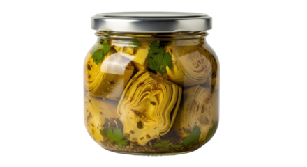 Isolated jar of marinated artichoke hearts, preserved artichokes in olive oil and herbs