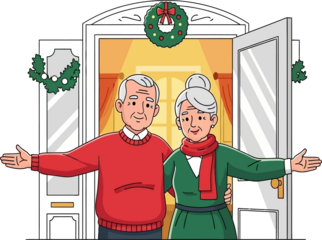 Happy senior couple welcoming guests at a Christmas decorated home doorway, showing warmth and hospitality