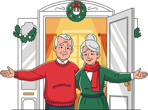 Happy senior couple welcoming guests at a Christmas decorated home doorway, showing warmth and hospitality - Powered by Adobe