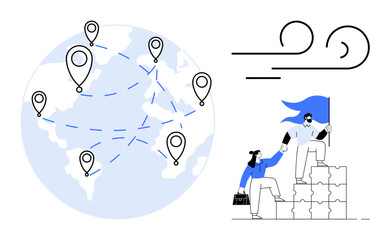 Globe with pinpoints connected, two professionals climbing blocks with flag, wind elements illustrating movement. Ideal for teamwork, global connection, leadership, support, growth, progress
