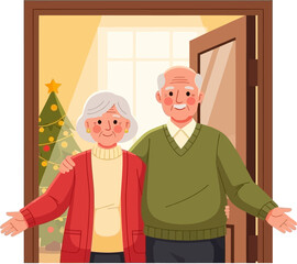 Happy Senior Couple Welcoming Guests at Home with Open Arms During Christmas Holidays