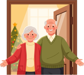 Happy Senior Couple Welcoming Guests at Home with Open Arms During Christmas Holidays