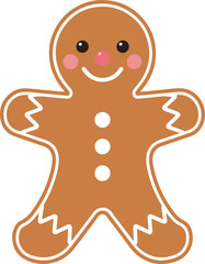 A cute and simple flat vector illustration of a smiling gingerbread man cookie with rosy cheeks and white icing details,