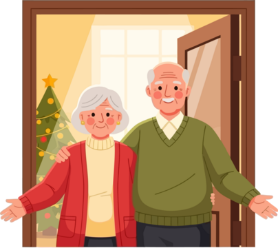 Happy Senior Couple Welcoming Guests at Home with Open Arms During Christmas Holidays