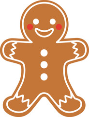 A simple flat vector illustration of a cute gingerbread man cookie with a happy smile, red cheeks, and white icing buttons,