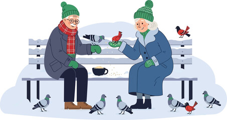 Elderly couple feeding birds on a snowy park bench in winter.
