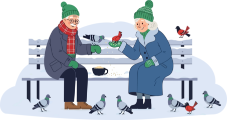 Elderly couple feeding birds on a snowy park bench in winter.