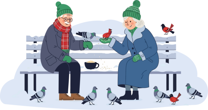 Elderly couple feeding birds on a snowy park bench in winter.
