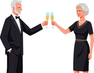 Senior Couple Toasting with Champagne Flutes at an Elegant Celebration