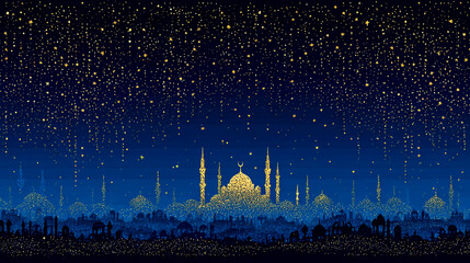 A radiant blue background illuminating a simple mosque and cityscape