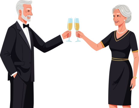 Senior Couple Toasting with Champagne Flutes at an Elegant Celebration