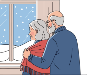 Senior couple looking out a window at a snowy winter landscape, embraced in a warm blanket, depicting love and comfort at home.