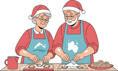 Cheerful Elderly Couple Baking Christmas Cookies in Santa Hats
