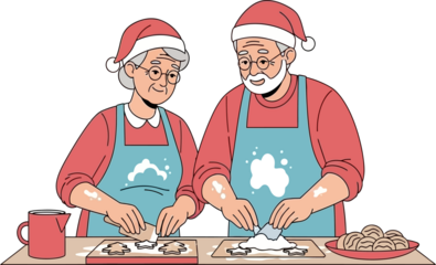 Cheerful Elderly Couple Baking Christmas Cookies in Santa Hats