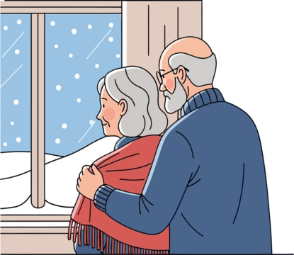 Senior couple looking out a window at a snowy winter landscape, embraced in a warm blanket, depicting love and comfort at home.