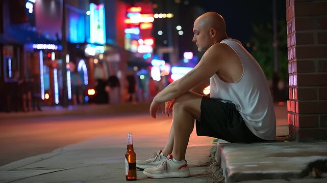 Drunk man sitting on curb at night, empty bottle near hand, neon city lights, cinematic realism, blurred background, with copy space