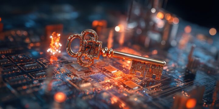 A golden key rests on a circuit board, symbolizing security and access in a digital environment, illuminated by glowing lights.