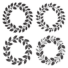 Set of decorative Christmas wreaths elegant black and white vector design perfect for holiday cards and festive invitations