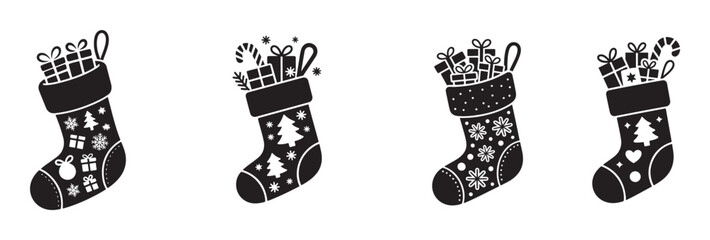 Set of Christmas stockings with gifts vector illustration in black and white perfect for holiday designs and festive decorations