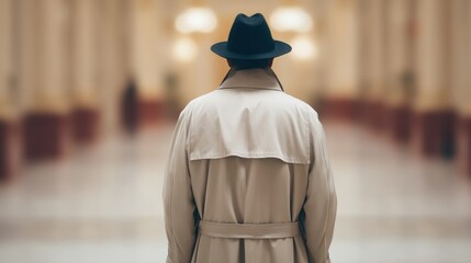 A mysterious figure in a trench coat and hat stands in a spacious, elegant hallway, evoking intrigue and suspense.