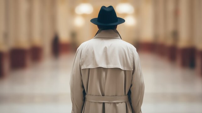 A mysterious figure in a trench coat and hat stands in a spacious, elegant hallway, evoking intrigue and suspense.