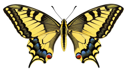 Isolated yellow swallowtail butterfly, Papilio machaon, detailed, full open wings view