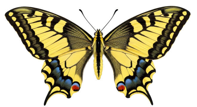 Isolated yellow swallowtail butterfly, Papilio machaon, detailed, full open wings view