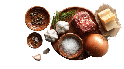 Ingredients for cooking meat dish isolated on transparent background, top view