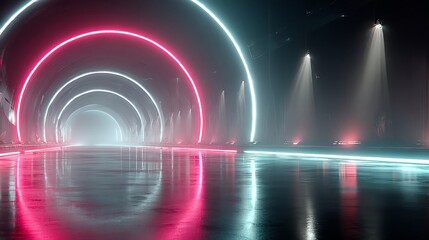 Neon tunnel with colorful lights reflecting on the floor.