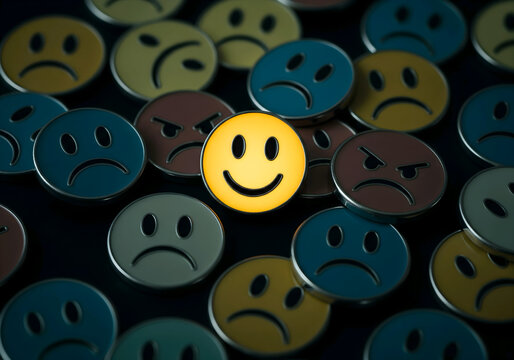 un emoji feliz en medio de muchos emojis tristes y enojados, met&aacute;fora de las personas positivas.