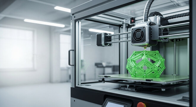 3D printer creating green geometric model in modern workstation  