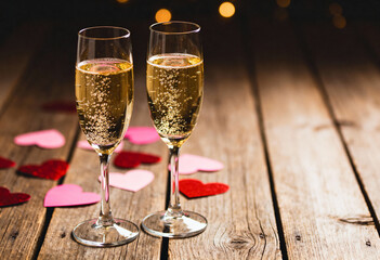 Two champagne flutes with bubbles on rustic wooden table, surrounded by scattered pink and red paper hearts