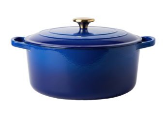 Isolated blue enamel Dutch oven with lid for cooking and baking on a white surface
